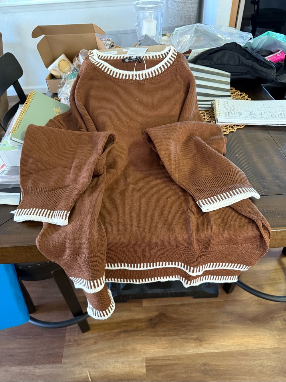 Women's Brown Crewneck Sweater with White Trim